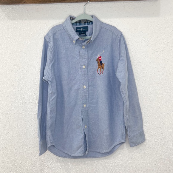 Ralph Lauren Long Sleeve Button Down Oxford Chambray Blue Shirt Big Pony Boy 7 - Picture 1 of 5